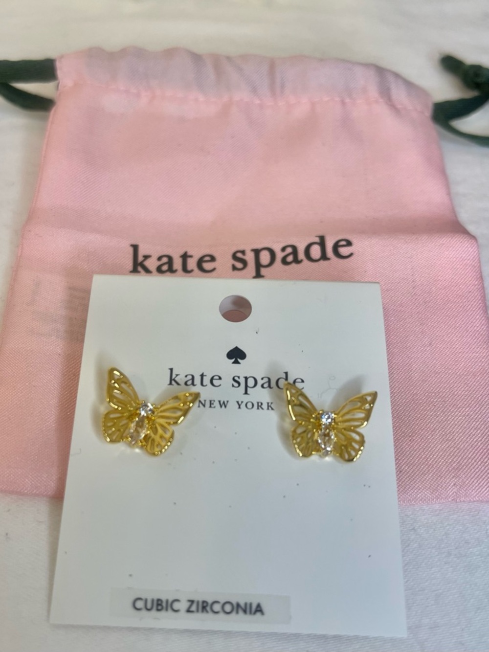 Kate Spade Cubic Zirconia Gold Butterfly Stud Earrings with Pink Pouch NWT - Picture 1 of 4